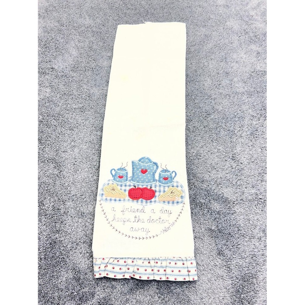 Vintage Valorie Embroidered Tea Time Kitchen Hand Towel Ruffle Hem Cream